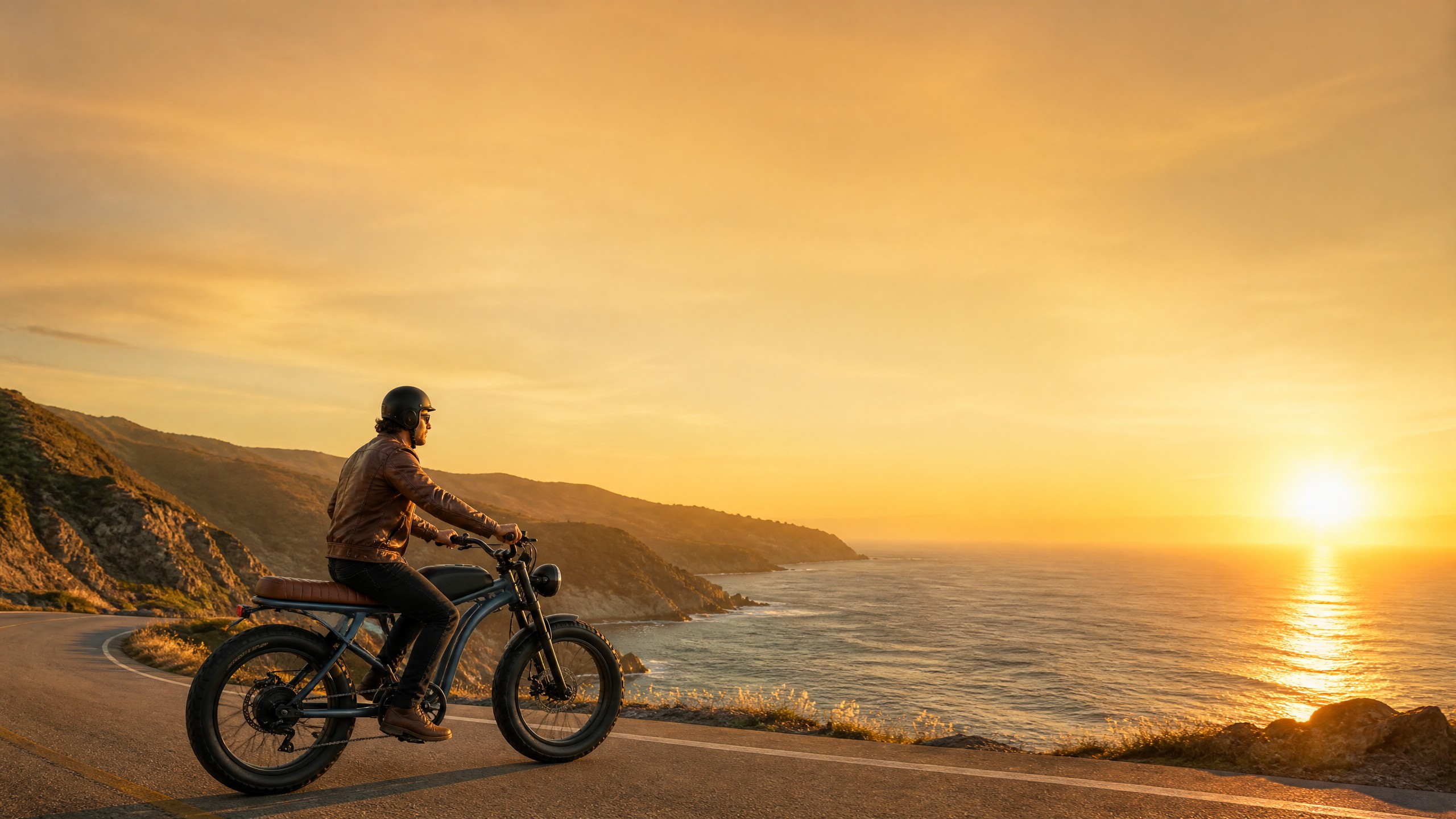 Electric bicycle rider cruising a coastal road at sunset