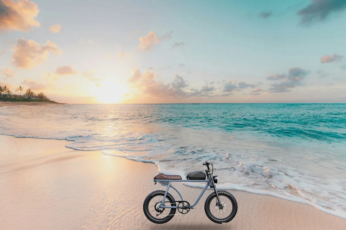 Fat tire beach ebike riding on sand – Meteor Beach Cruiser coastal ride