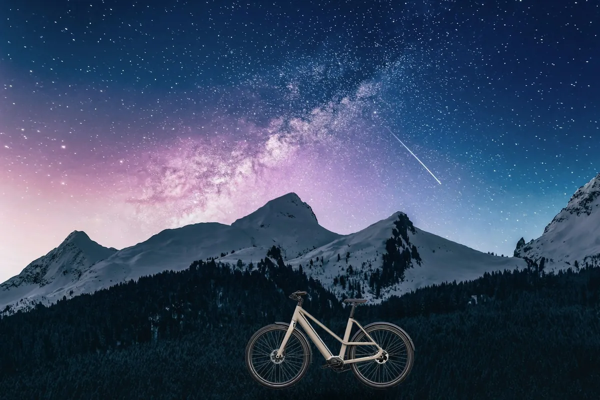 Champagne step-through ebike by lake – Aurora premium city ebike